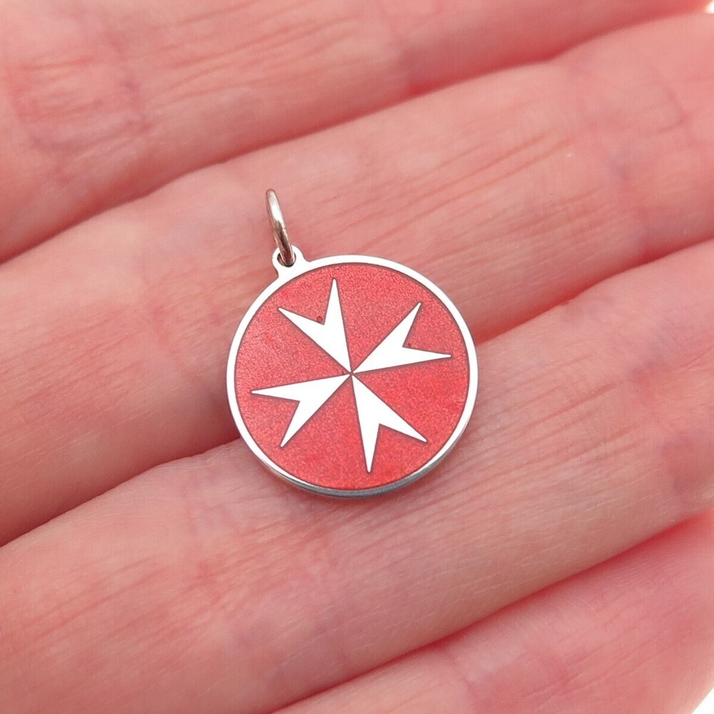 925 Sterling Silver Red Enamel Maltese Cross Round Tag Mini Charm Pendant